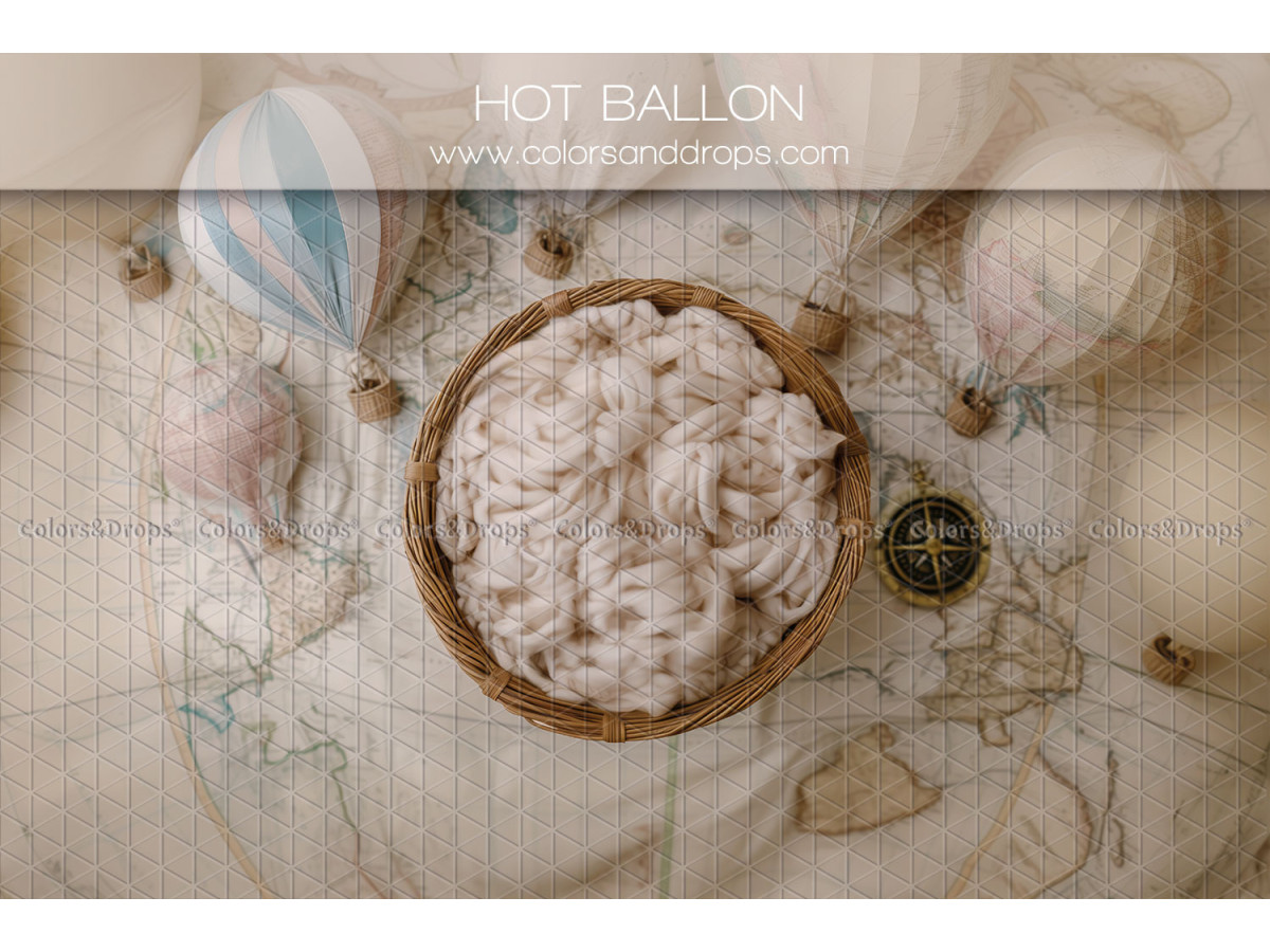 Newborn photo backdrop Hot Ballon – wicker nest on world map with compass | Colors&Drops