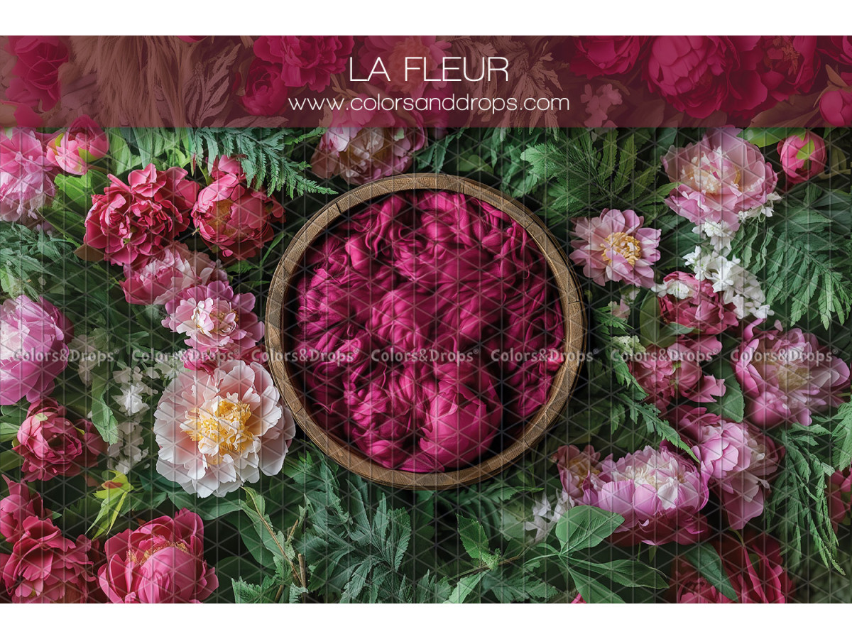 Fond photo nouveau-né Lafleur – nid en bois rempli de pivoines fuchsia | Colors&Drops