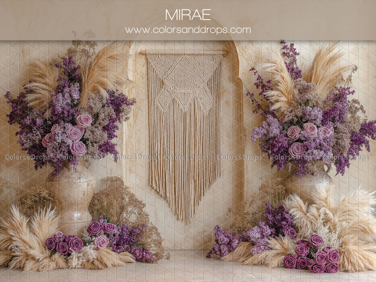 Fond photo grossesse et portrait Mirae – macramé avec bouquets de fleurs violettes et pampa | Colors&Drops
