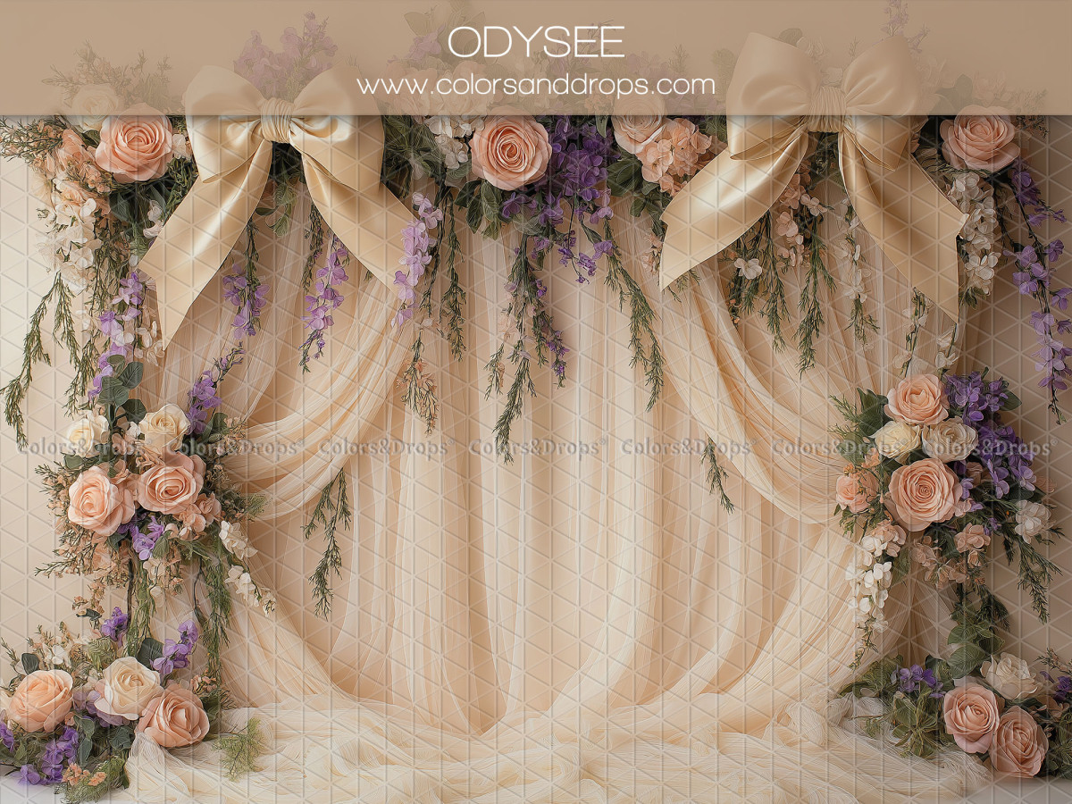 Fond photo grossesse et portrait Odysse – voilages crème avec nœuds et roses | Colors&Drops