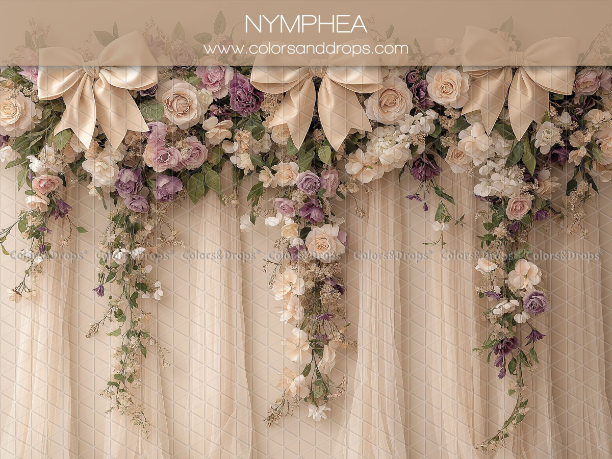 Fond photo grossesse et portrait Nymphea – voilages crème avec nœuds et cascades de fleurs | Colors&Drops
