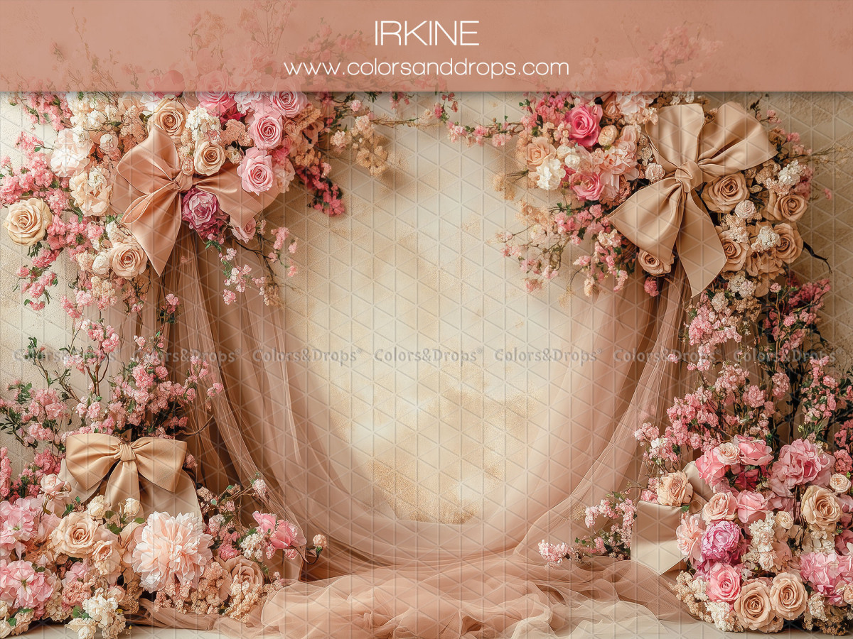 Fond photo grossesse et portrait Irkine – arche de voilages roses avec nœuds et roses | Colors&Drops