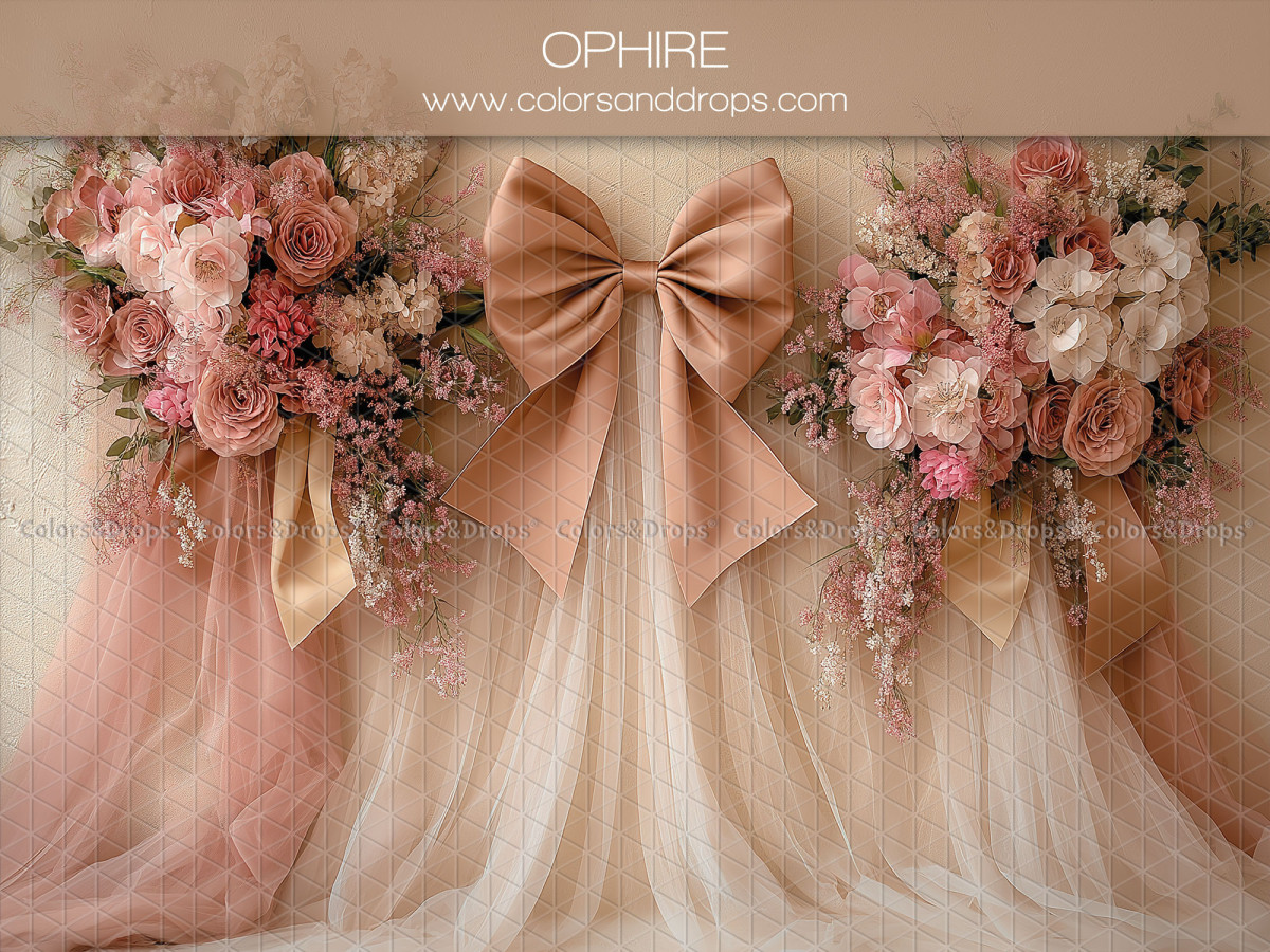 Fond photo grossesse et portrait Ophire – grand nœud rose avec bouquets de roses et tulle | Colors&Drops