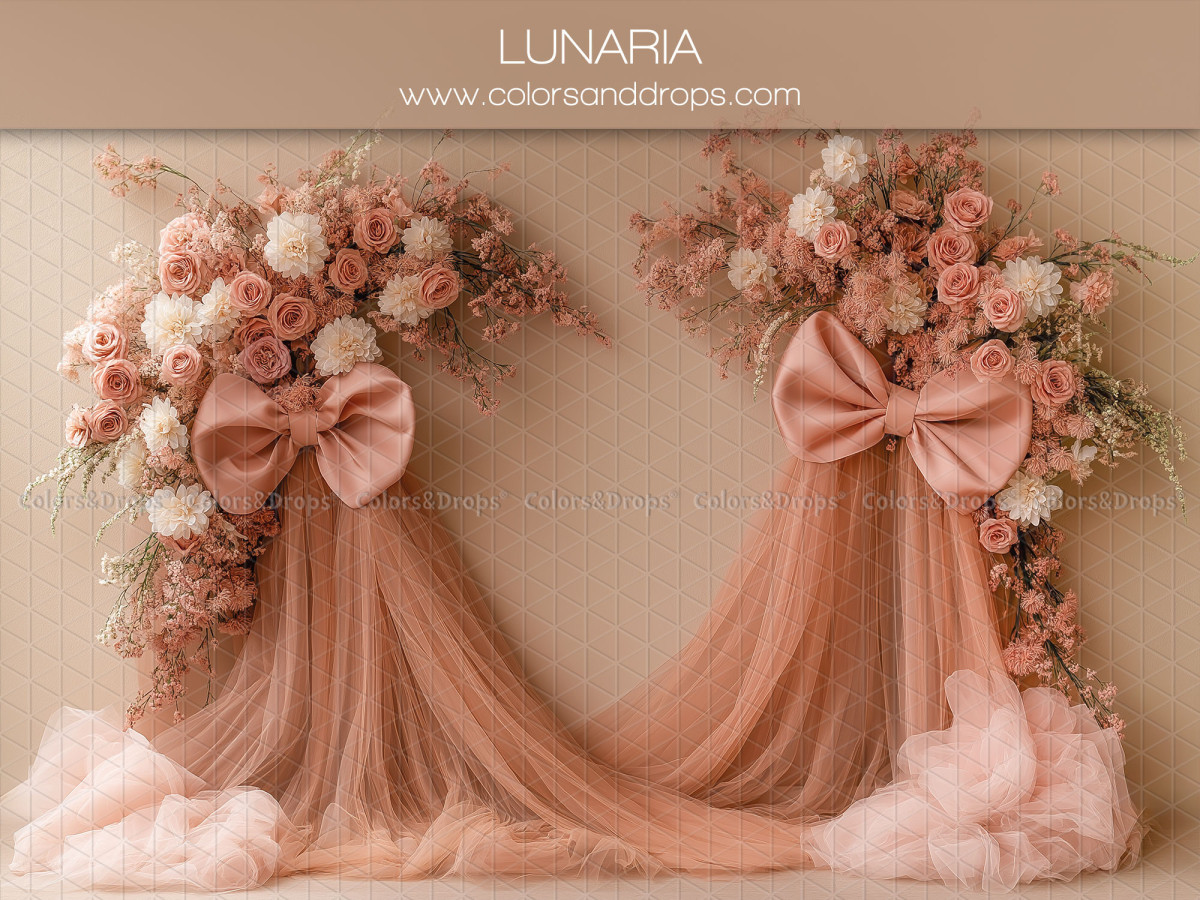 Fond photo grossesse et portrait Lunaria – drapés de tulle rose avec nœuds et roses | Colors&Drops