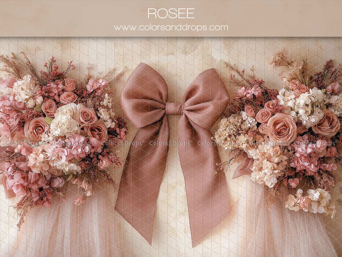 Fond photo grossesse et portrait Rosee – grand nœud vieux rose entre bouquets de roses | Colors&Drops