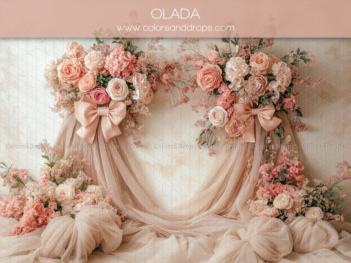 Fond photo grossesse et portrait Olada – drapés pêche avec roses et nœuds | Colors&Drops