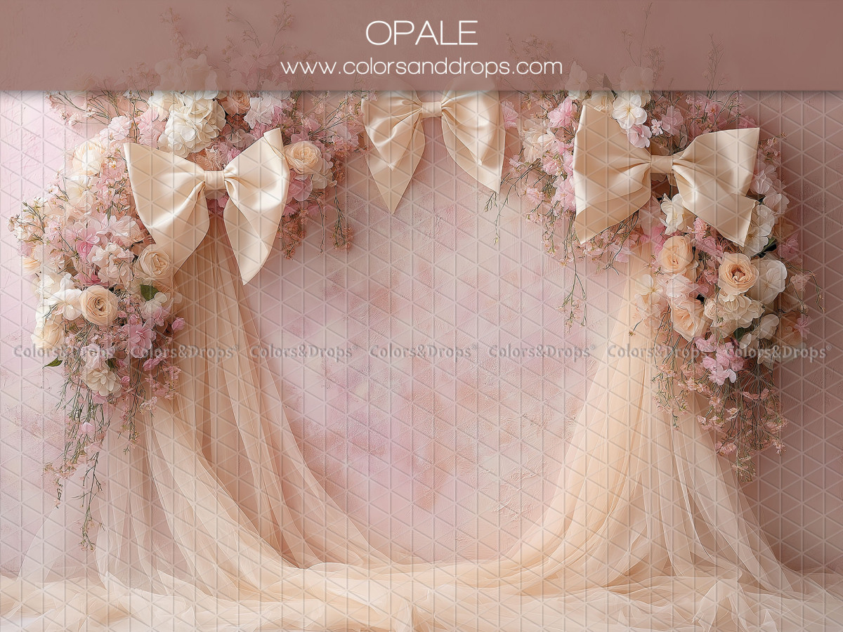 Fond photo grossesse et portrait Opale – voilages pêche avec nœuds crème et roses | Colors&Drops
