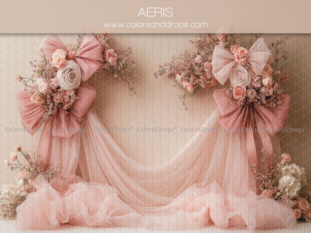 Maternity & portrait photo backdrop Aeris – pink tulle with large bows and roses | Colors&Drops