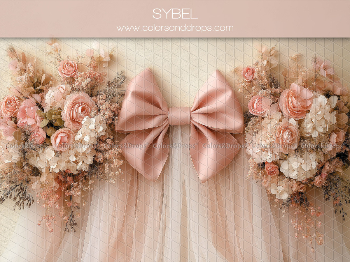 Fond photo grossesse et portrait Sybel – grand nœud rose entre bouquets de roses et tulle | Colors&Drops