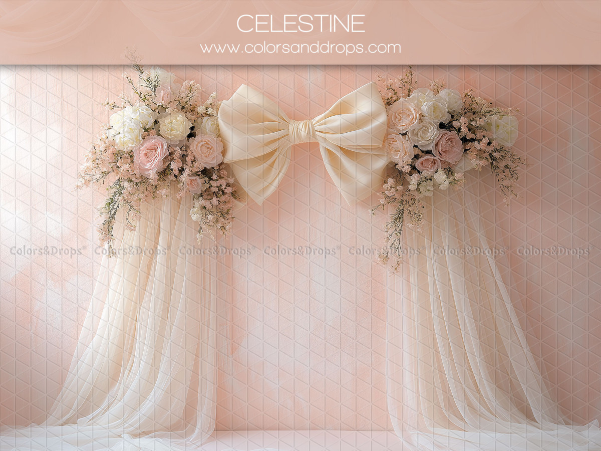 Fond photo grossesse et portrait Celestine – nœud crème avec bouquets de roses et voilages | Colors&Drops