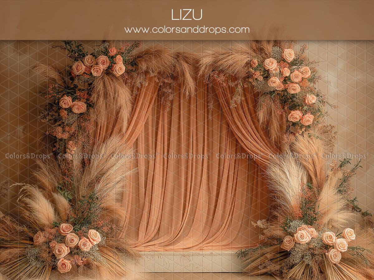 Fond photo grossesse et portrait Lizu – rideaux orangés encadrés de roses et pampa | Colors&Drops