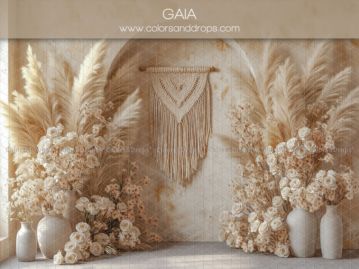 Fond photo grossesse et portrait Gaia – macramé entre massifs de pampa et roses blanches | Colors&Drops