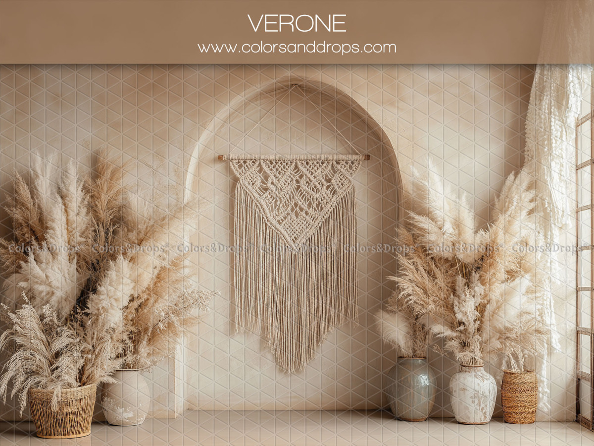 Fond photo grossesse et portrait Verone – arche avec macramé et vases de pampa | Colors&Drops