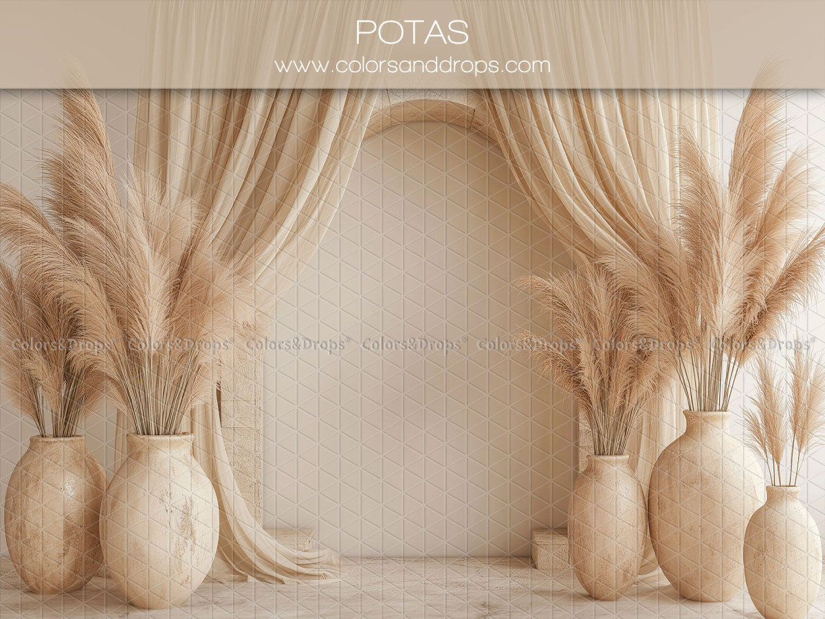 Fond photo grossesse et portrait Potas – arche avec rideaux crème et vases de pampa | Colors&Drops