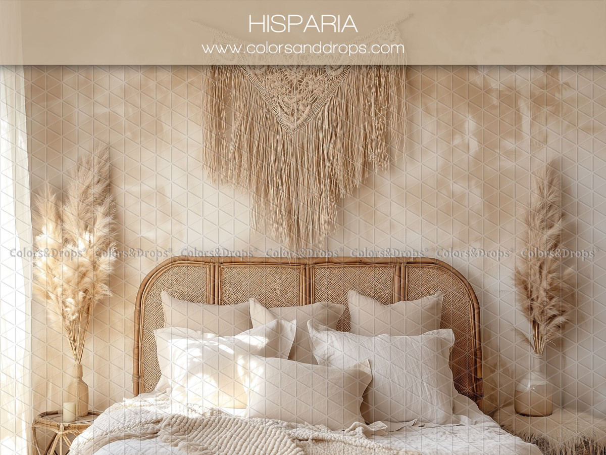 Maternity & portrait photo backdrop Hisparia – boho bedroom with rattan bed and macramé | Colors&Drops