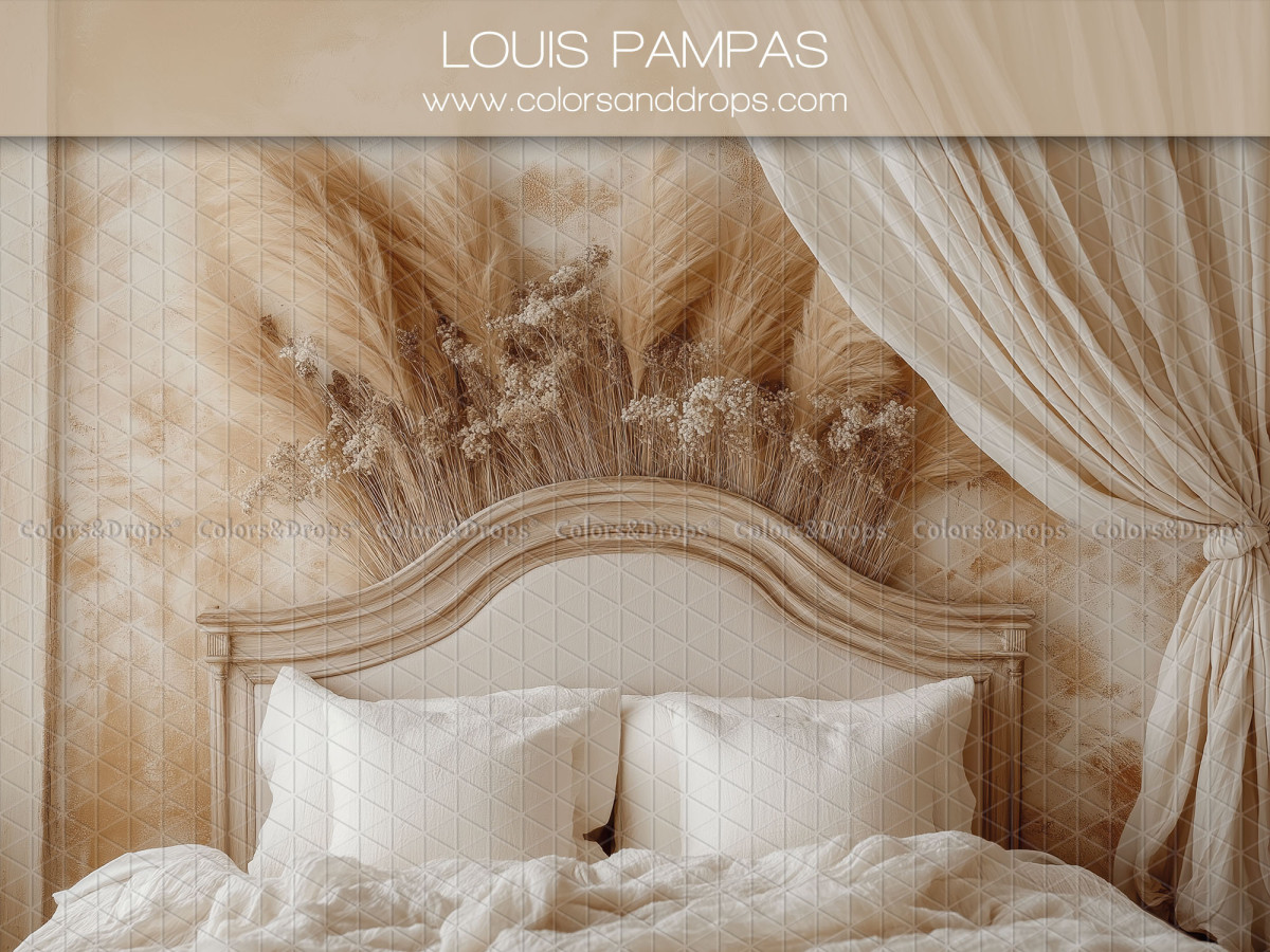 Maternity & portrait photo backdrop Louis Pampas – bedroom with bed, pampas headboard and curtains | Colors&Drops