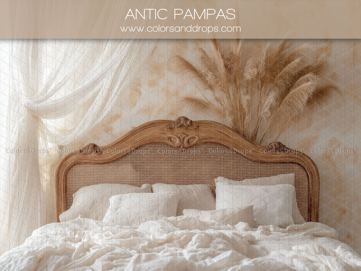 Maternity & portrait photo backdrop Antic Pampas – bedroom with carved wooden bed and pampas | Colors&Drops