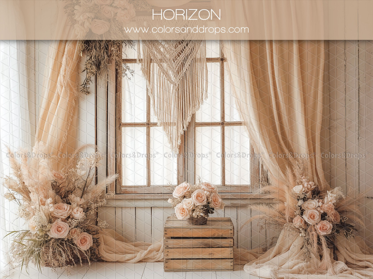 Mother's & Father's Day photo backdrop Horizon – window with peach curtains and rose bouquets | Colors&Drops