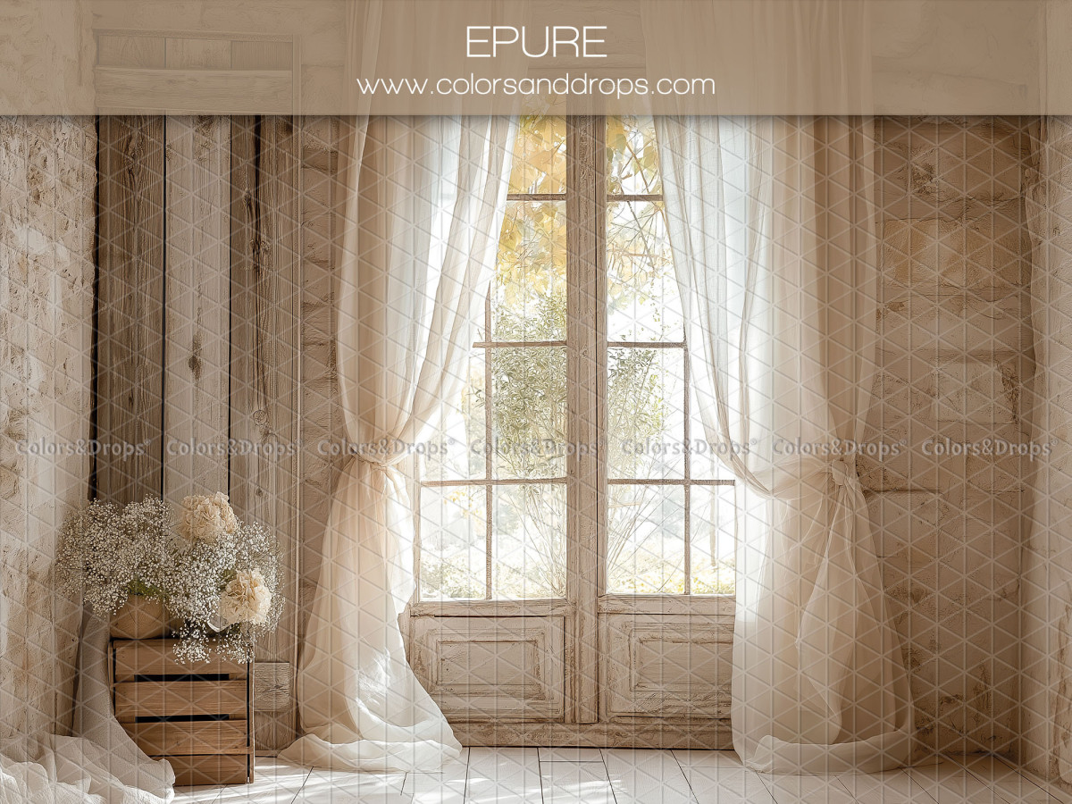 Maternity & portrait photo backdrop Epure – wooden French door with white sheer curtains | Colors&Drops