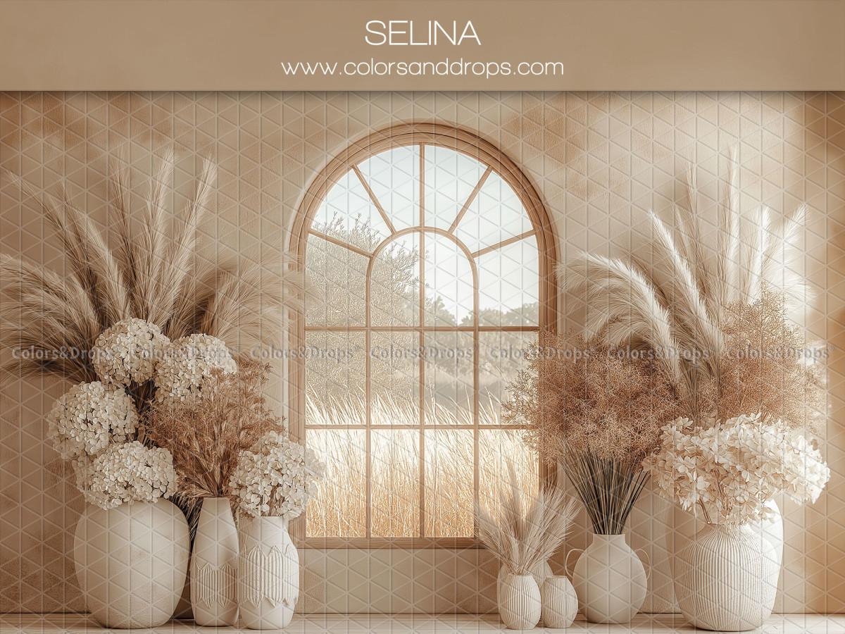 Maternity & portrait photo backdrop Selina – arched window with white vases and pampas | Colors&Drops