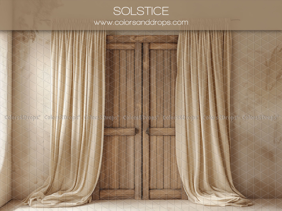 Maternity & portrait photo backdrop Solstice – wooden door framed by linen curtains | Colors&Drops
