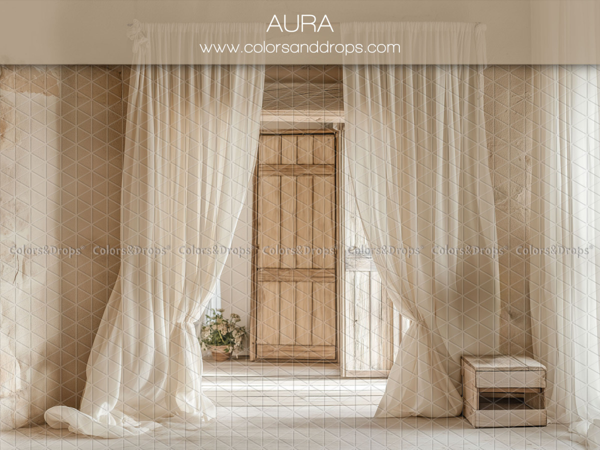 Maternity & portrait photo backdrop Aura – wooden door with white sheers and small chest | Colors&Drops