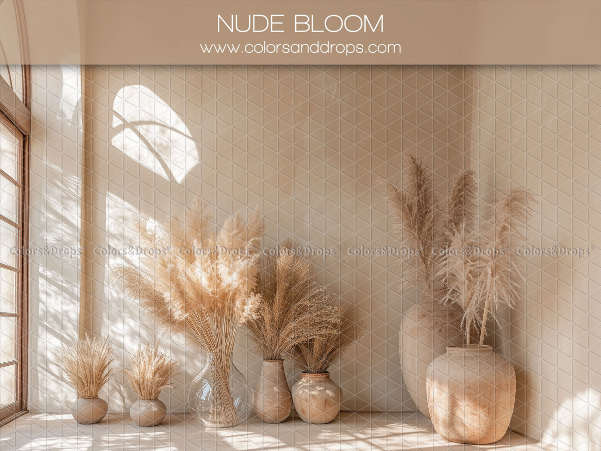 Fondo fotográfico de embarazo y retrato Nude Bloom – habitación luminosa con jarrones de pampa en el suelo | Colors&Drops