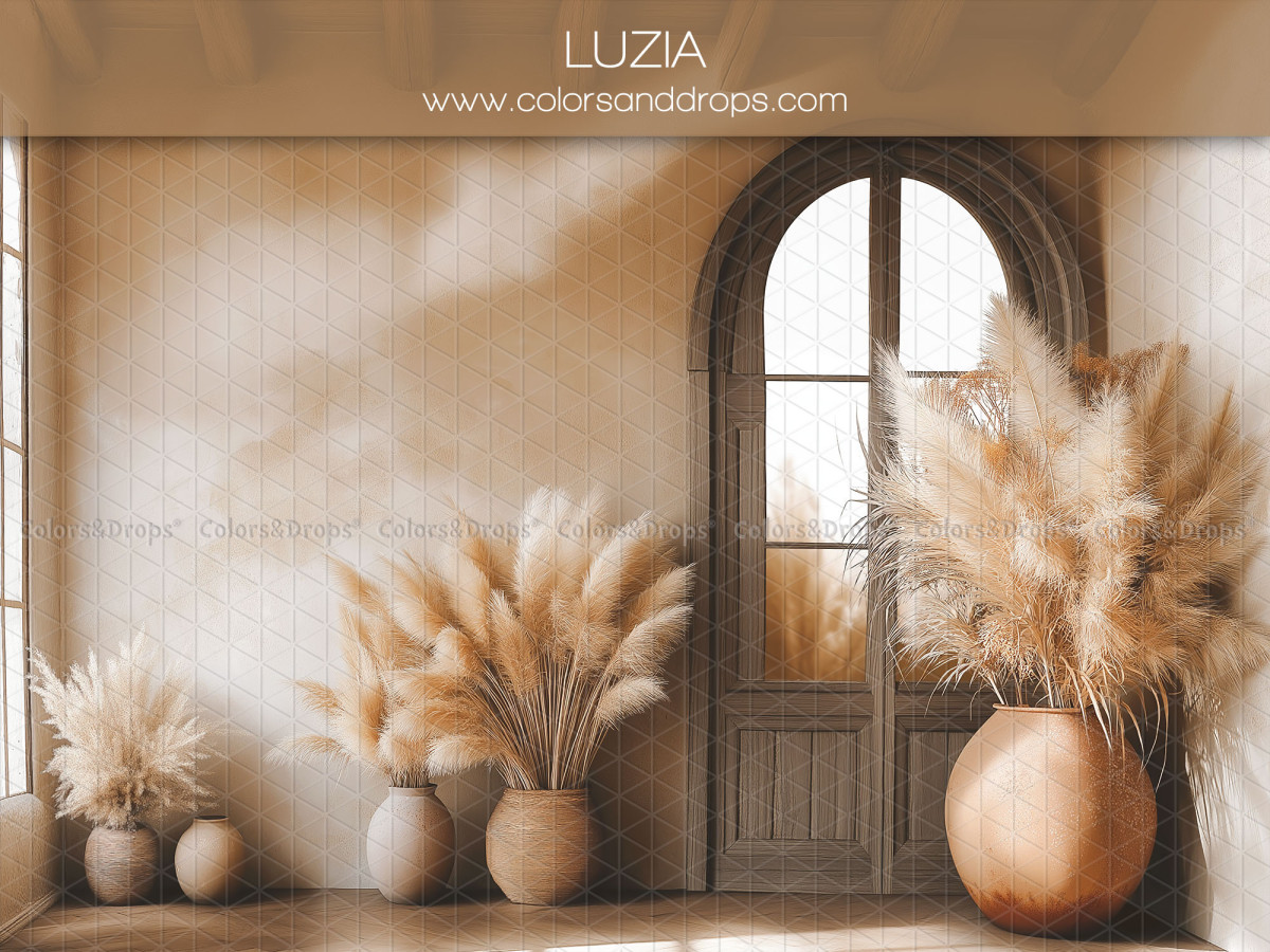 Maternity & portrait photo backdrop Luzia – arched wooden door with large pampas vases | Colors&Drops