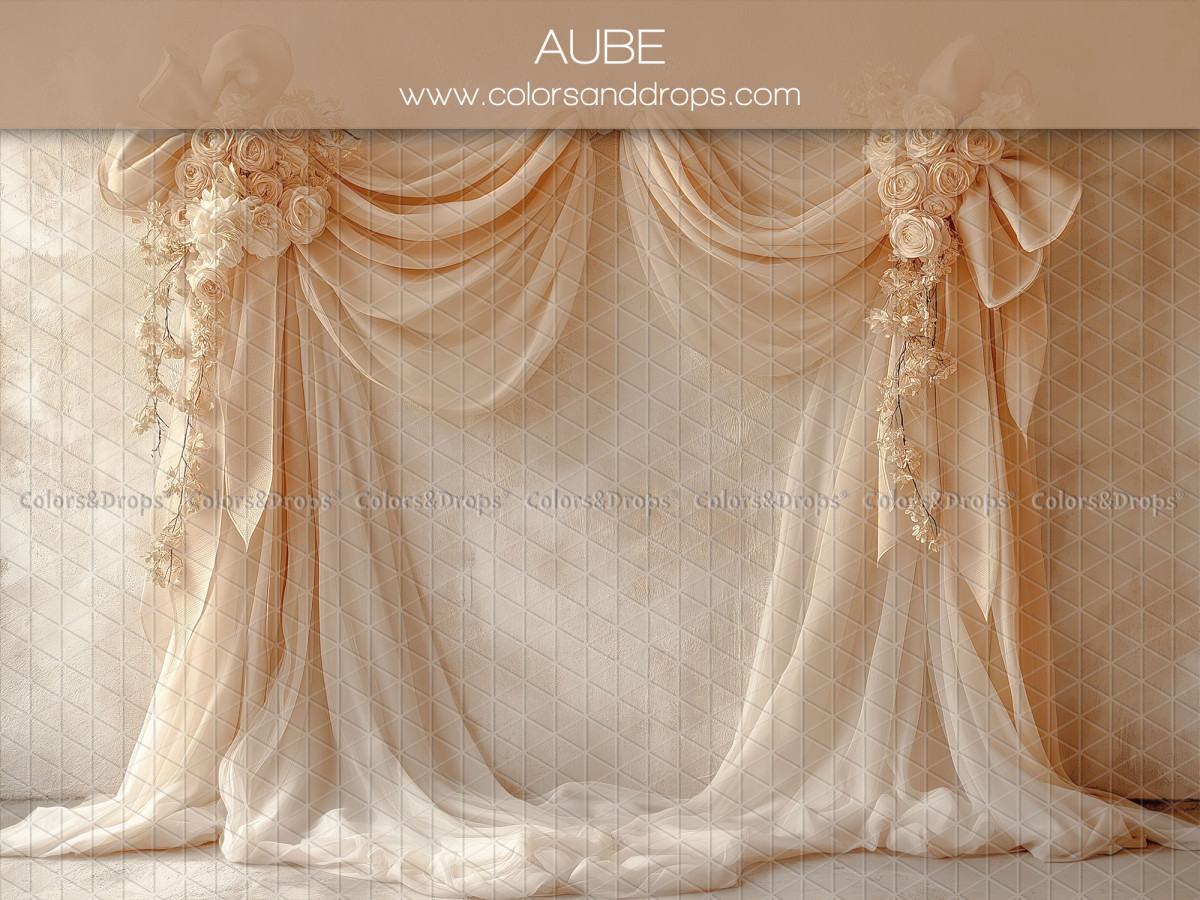 Maternity & portrait photo backdrop Aube – cream drapes with bows on weathered wall | Colors&Drops