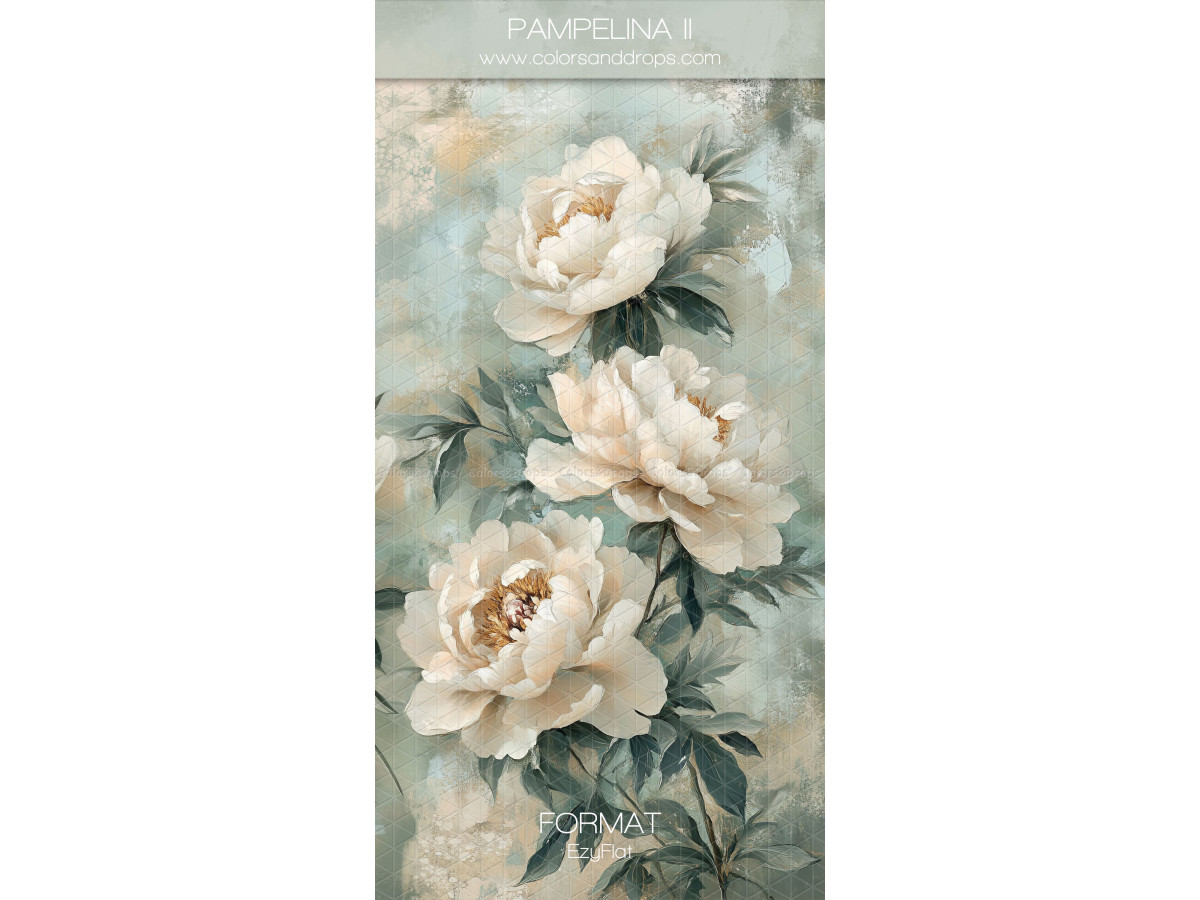 Photo backdrop Pampelina II – painted cream peonies on sage green background | Colors&Drops