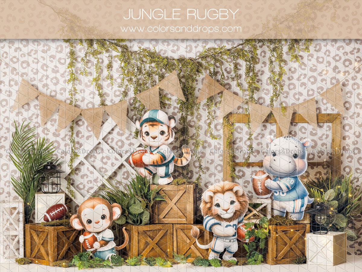 Fondo fotográfico de bebé y smash cake Jungle Rugby – animales jugadores de rugby con cajas y banderines | Colors&Drops