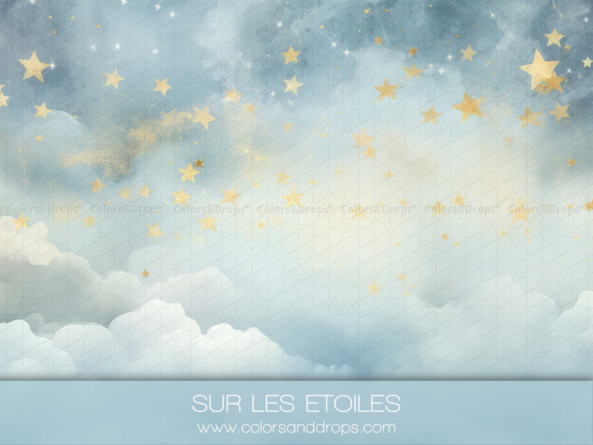Fondo y suelo fotográficos de bebé y smash cake Sur les Etoiles – cielo azul con nubes y estrellas doradas | Colors&Drops