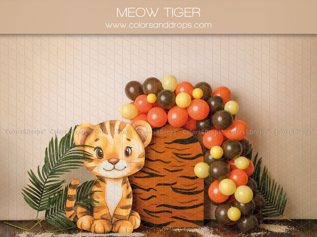 Fond photo bébé et smash cake Meow Tiger – tigre en peluche avec arche de ballons | Colors&Drops
