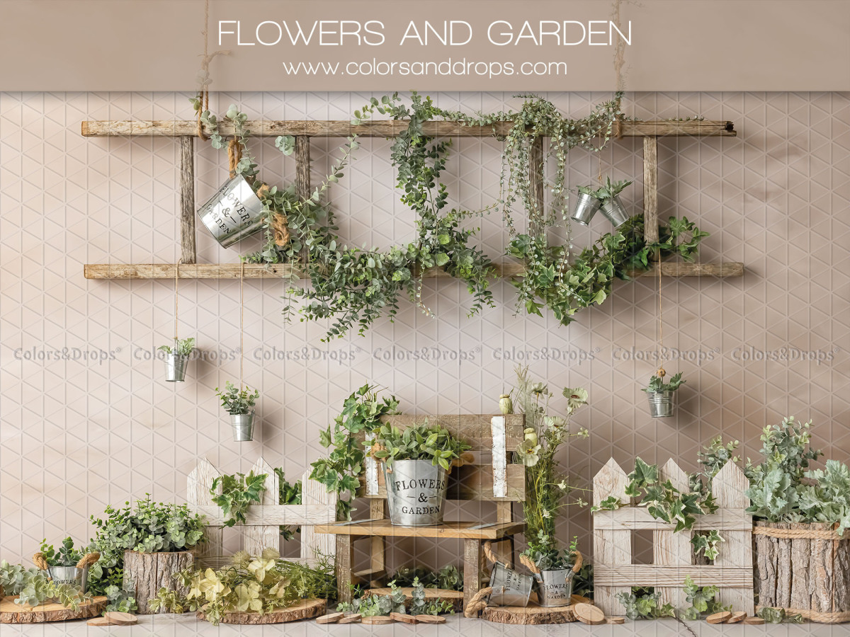 Fondo fotográfico de bebé y smash cake Flowers and Garden – jardín con estante de plantas y valla blanca | Colors&Drops