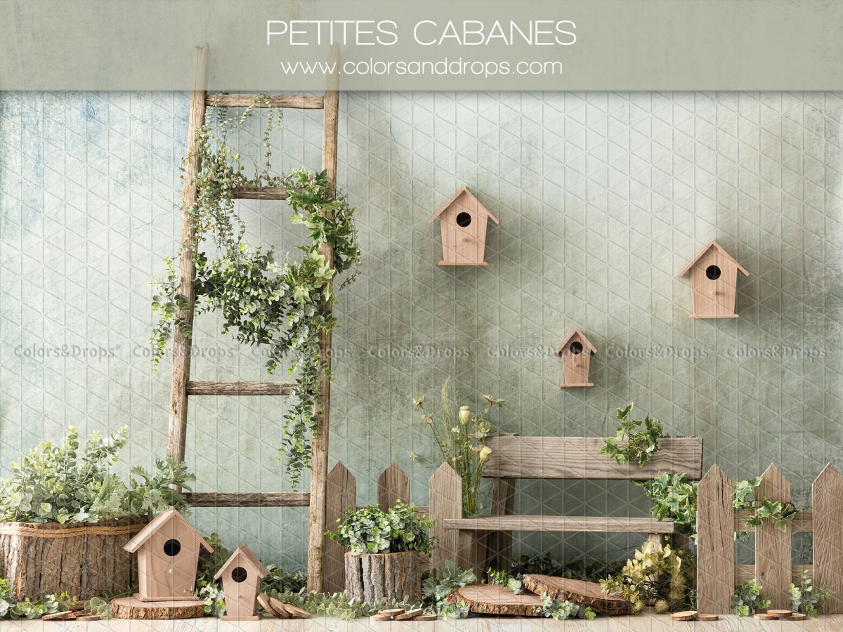 Fond photo bébé et smash cake Petites Cabanes – mur vert avec nichoirs échelle et banc | Colors&Drops