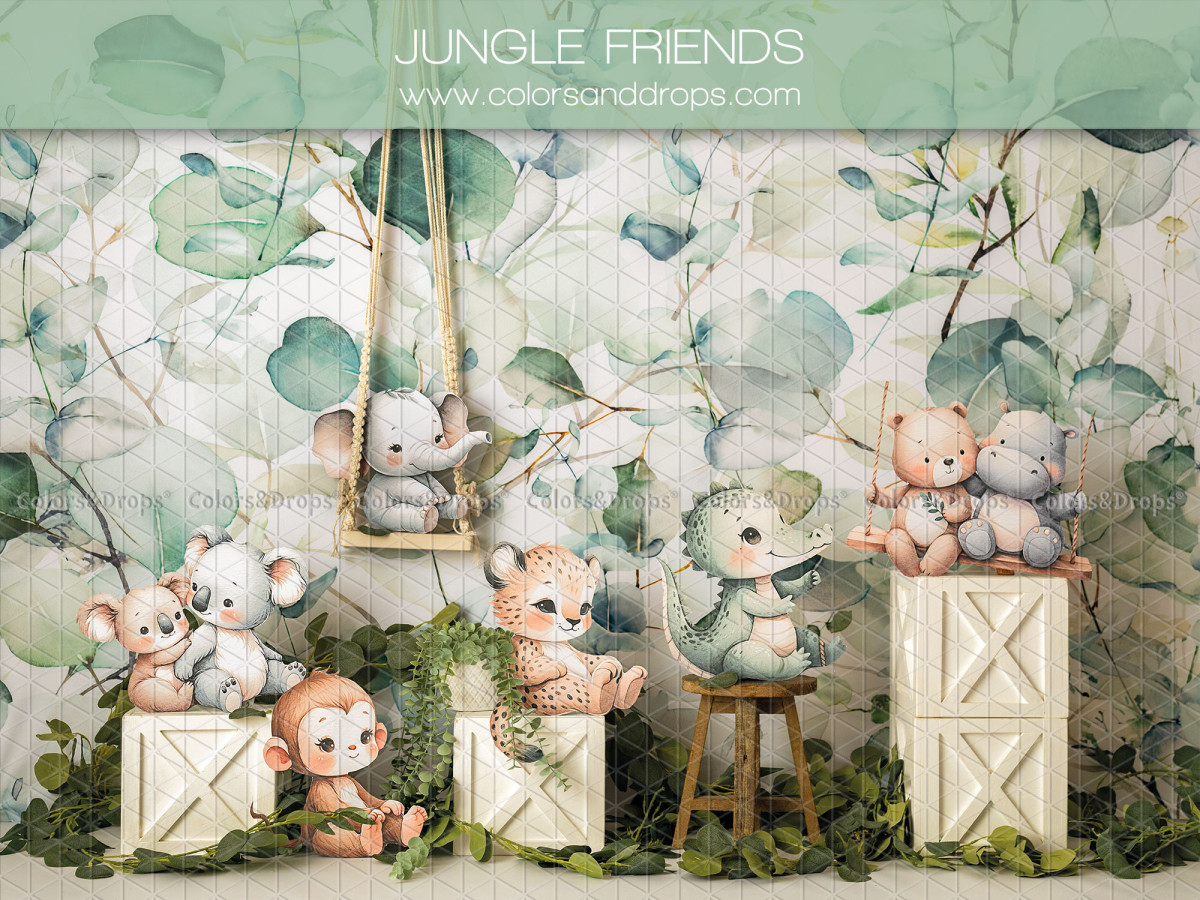 Baby & cake smash photo backdrop Jungle Friends – jungle animals with swing and foliage | Colors&Drops