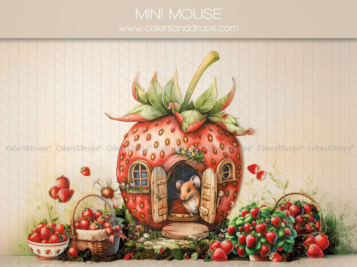 Fondo fotográfico de bebé y smash cake Mini Mouse – casa fresa gigante con ratón y fresas | Colors&Drops