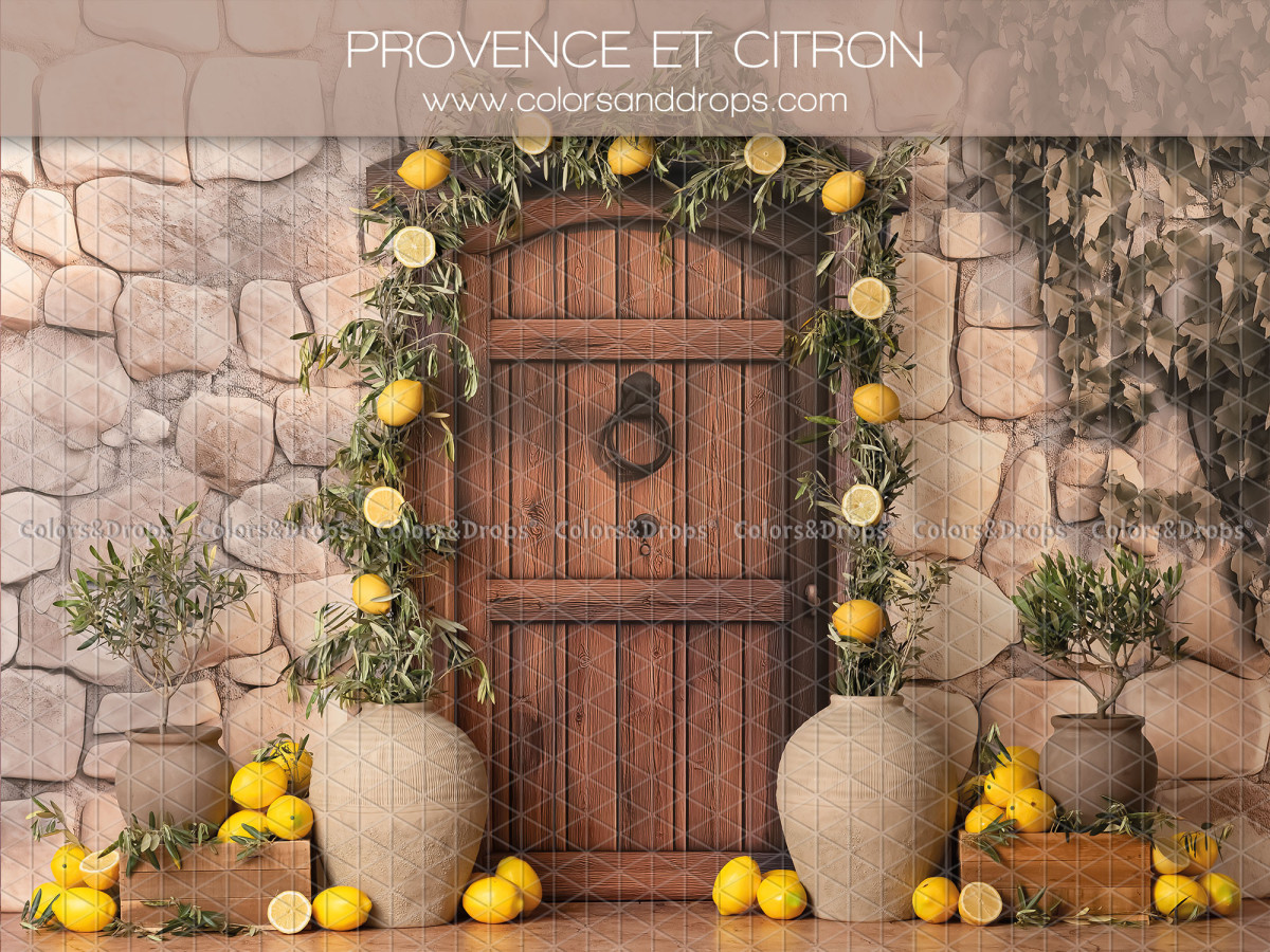 Fondo fotográfico de bebé y smash cake Provence et Citron – puerta de madera y muro de piedra con limones | Colors&Drops