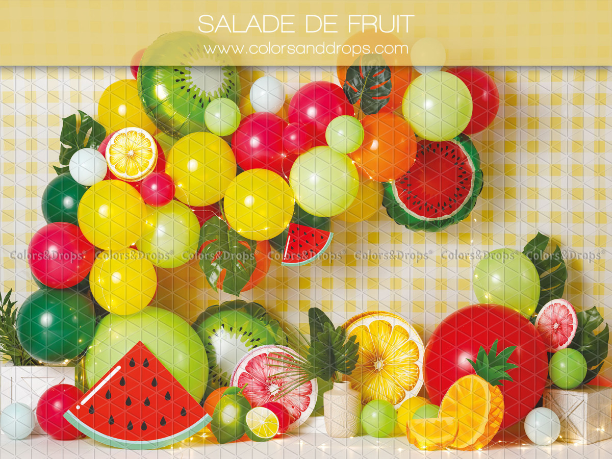 Baby & cake smash photo backdrop Salade de Fruit – colourful balloon arch with giant fruits | Colors&Drops