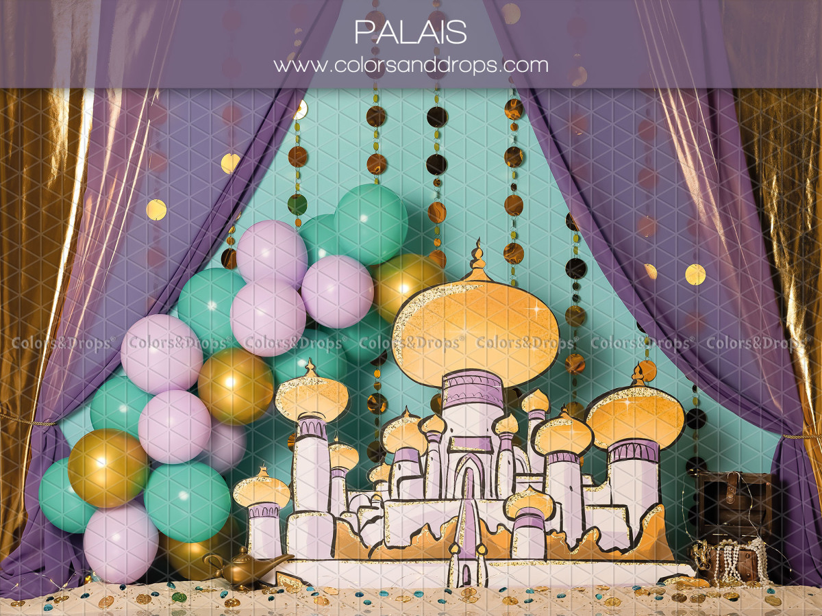 Baby & cake smash photo backdrop Palais – oriental palace with balloons and purple curtains | Colors&Drops