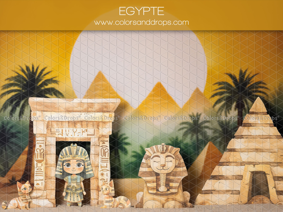Fond photo bébé et smash cake Egypte – décor égyptien avec pyramides, sphinx et palmiers | Colors&Drops