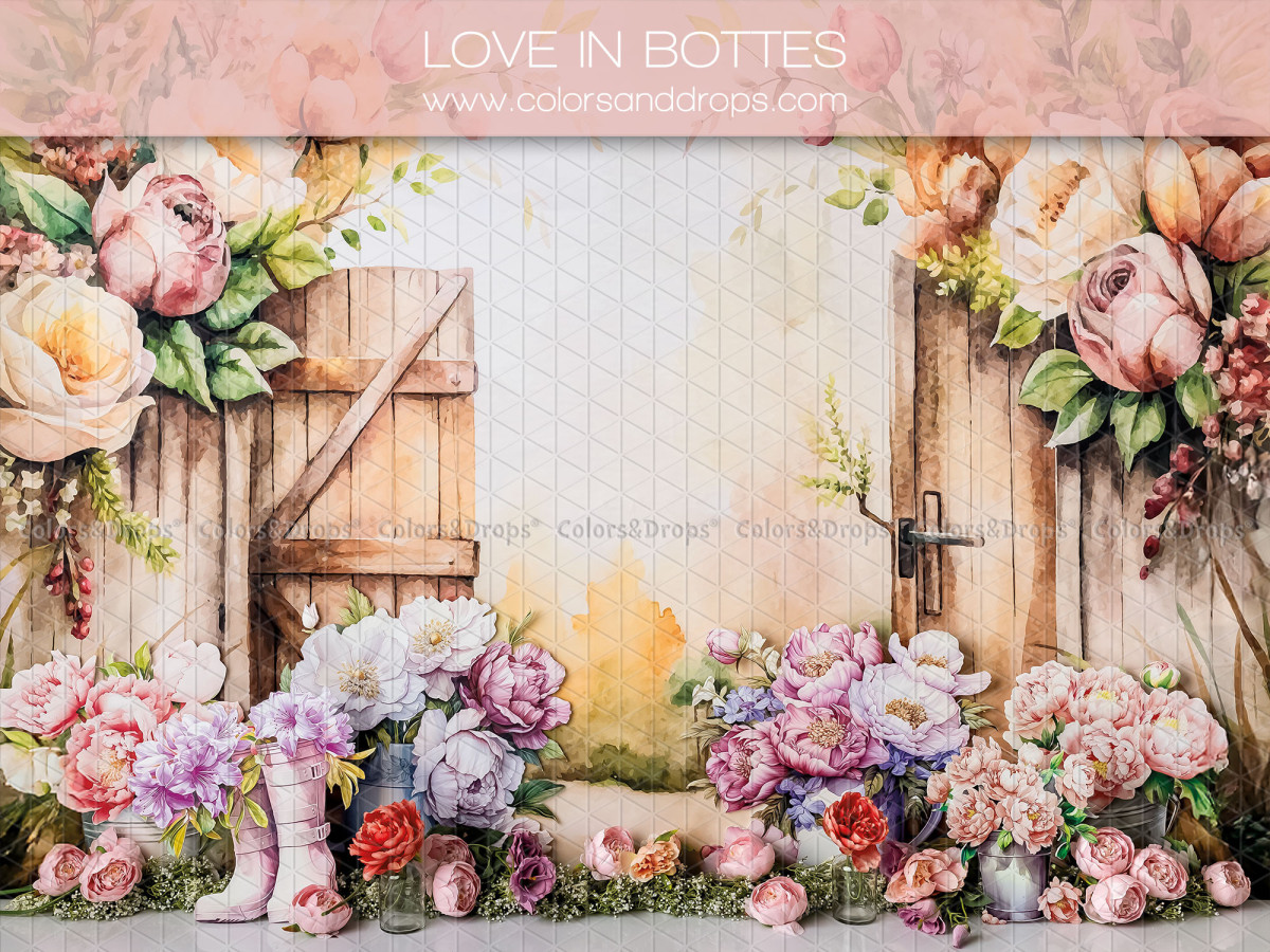 Fondo fotográfico de bebé y smash cake Love in Bottes – puertas de madera con flores y botas de agua | Colors&Drops
