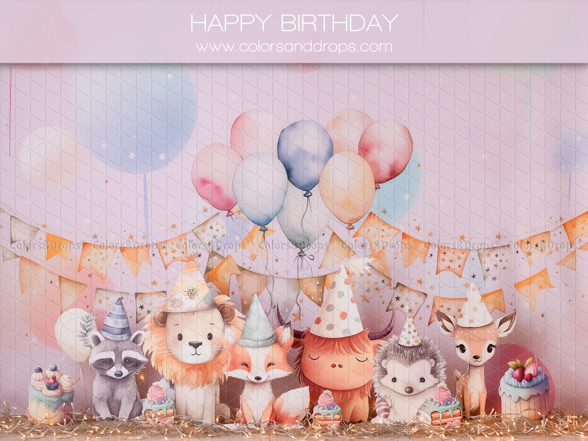 Fond photo bébé et smash cake Happy Birthday – animaux en peluche avec ballons et fanions | Colors&Drops