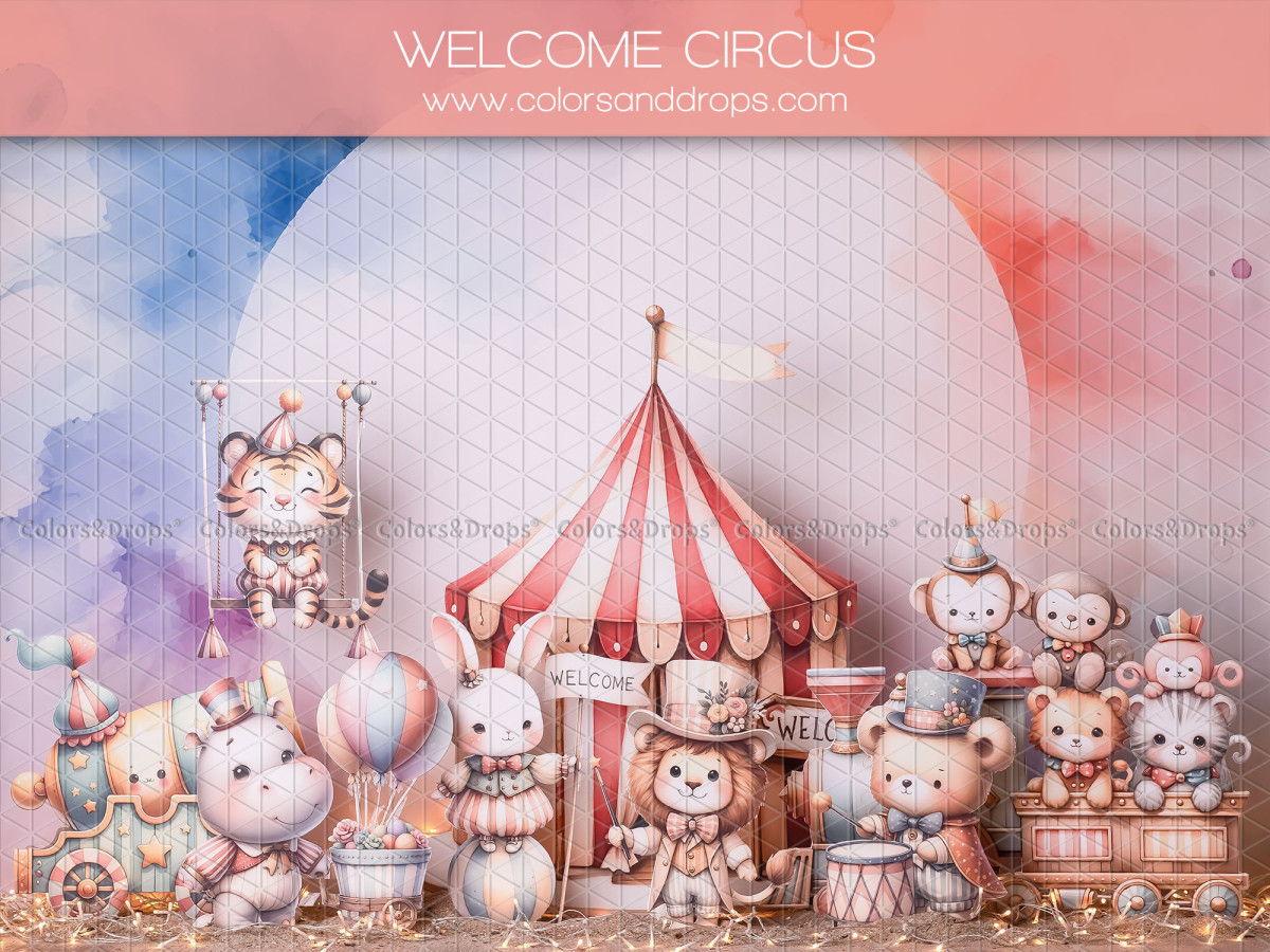 Baby & cake smash photo backdrop Welcome Circus – circus tent with plush animals | Colors&Drops
