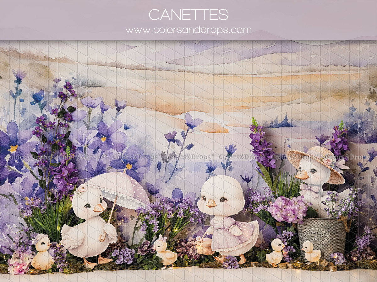 Fondo fotográfico de bebé y smash cake Canettes – patitos entre flores violetas y lavanda | Colors&Drops