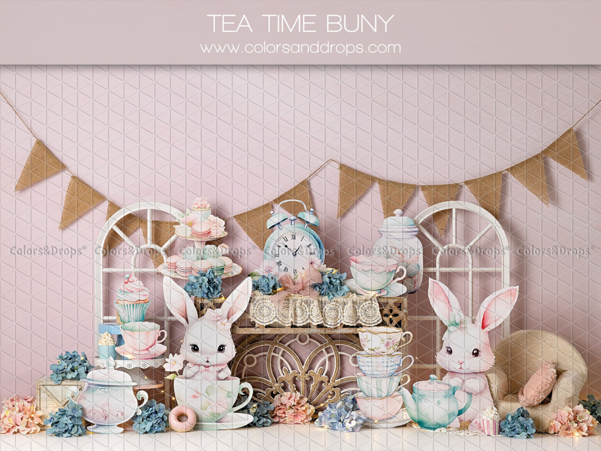 Fond photo bébé et smash cake Tea Time Bunny – lapins à l'heure du thé avec fanions | Colors&Drops