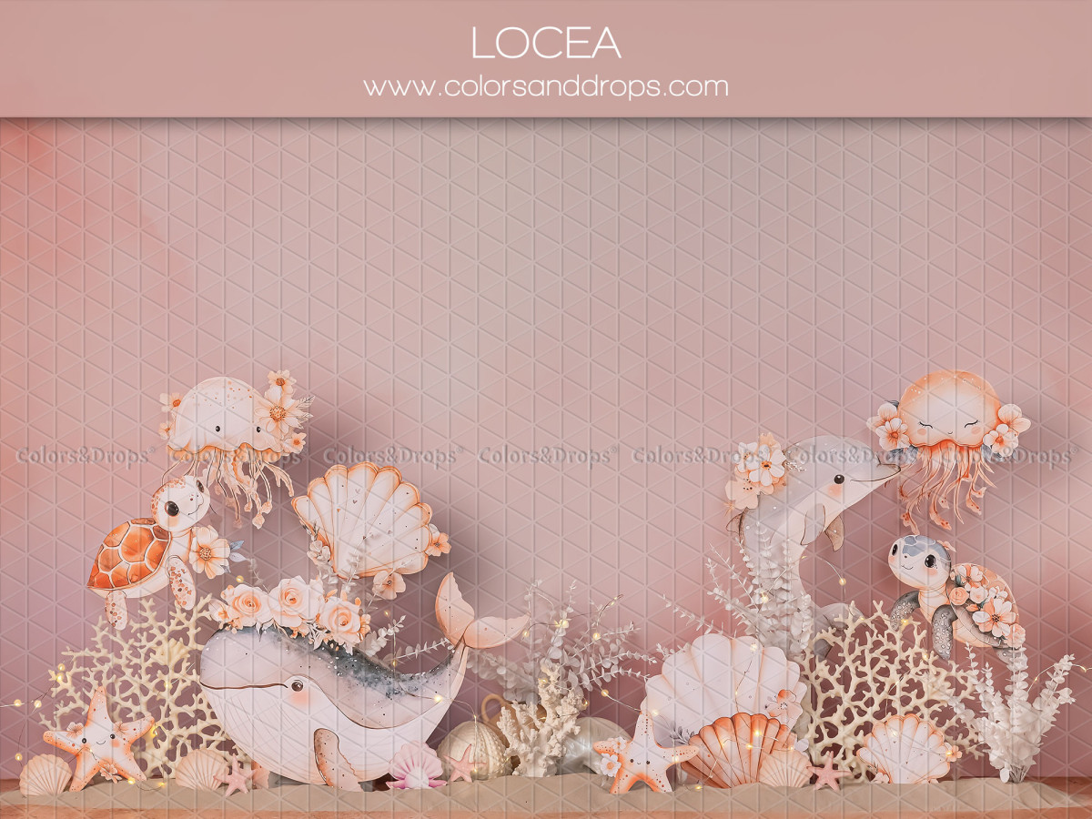 Baby & cake smash photo backdrop Locea – pastel seabed with whale and shells | Colors&Drops