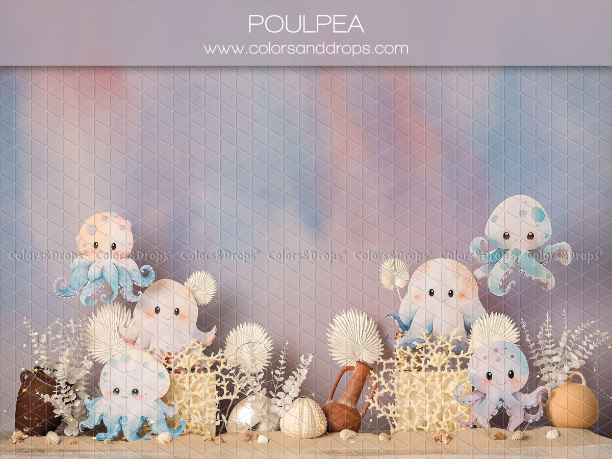 Fond photo bébé et smash cake Poulpea – pieuvres en peluche avec coquillages pastel | Colors&Drops