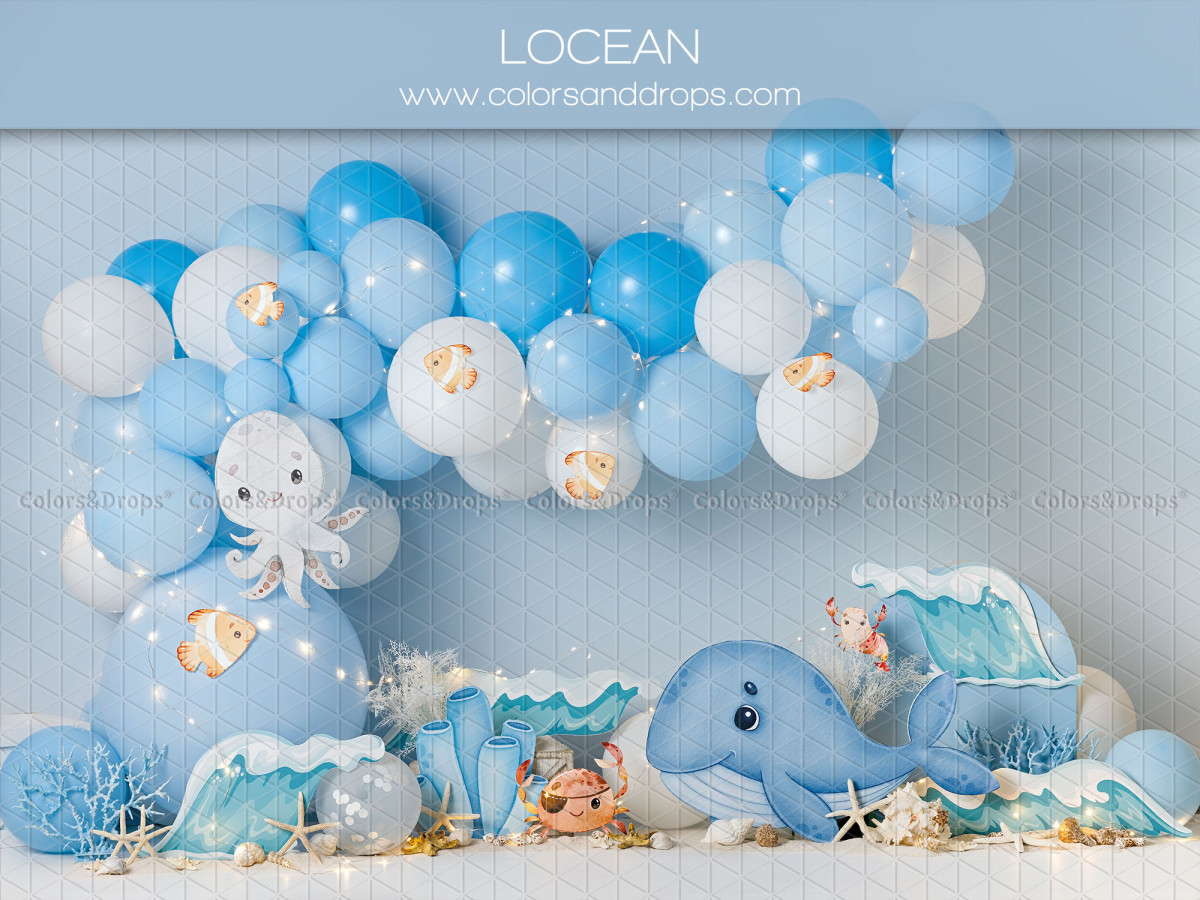 Baby & cake smash photo backdrop Locean – blue balloon arch with whale and octopus | Colors&Drops