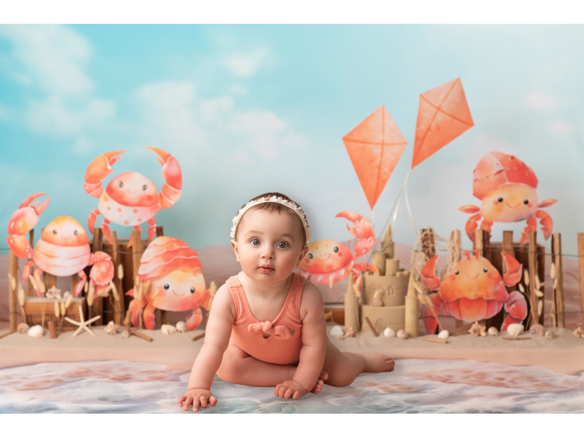 Baby & cake smash photo backdrop Craby – crabs on the beach with kites | Colors&Drops